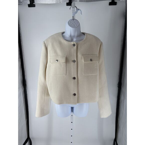 Theory Ivory Textured Wool Blend Cropped Jacket with Front Pockets - Picture 1 of 4